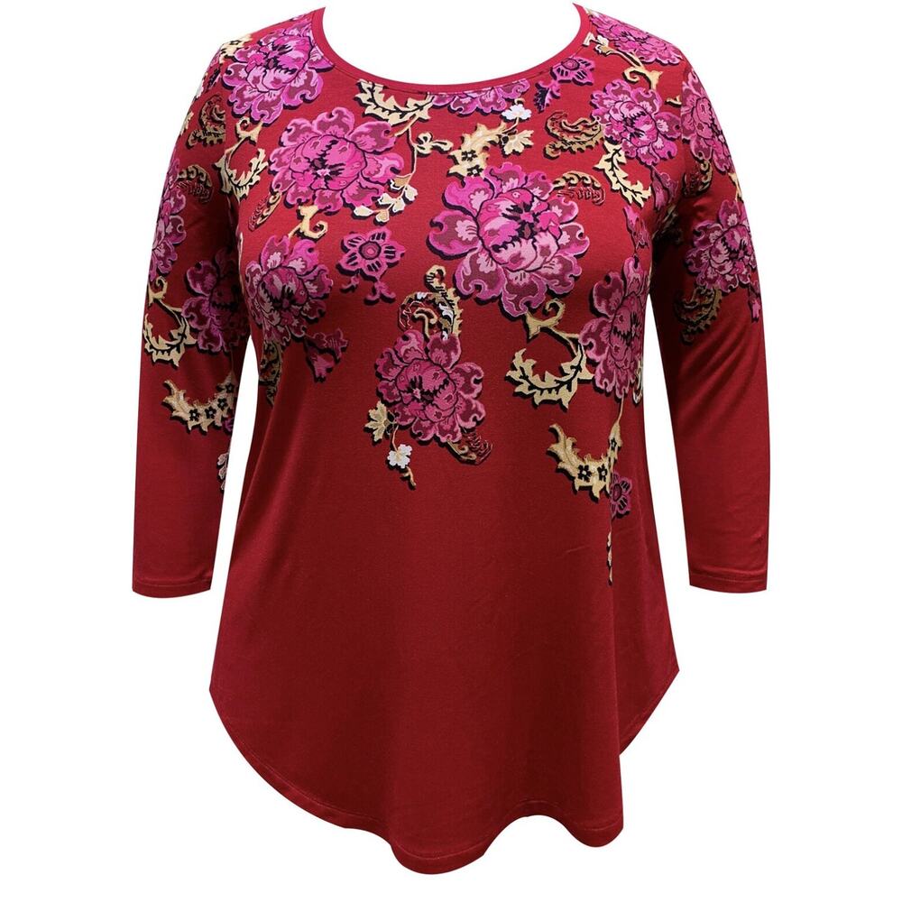 JM Collection Women's Petite 3/4-Sleeve Printed Top New Red Amore Combo Size PP